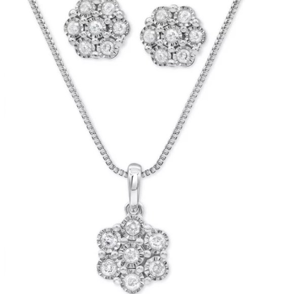 .925 Silver Diamond Cluster  Necklace Earring Set - Picture 1 of 4